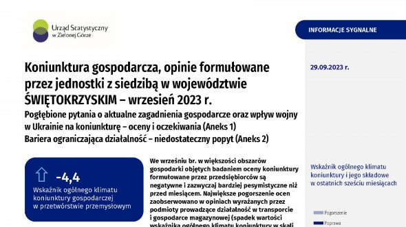 Koniunktura gospodarcza, opinie formułowane przez jednostki z siedzibą w województwie ŚWIĘTOKRZYSKIM – Wrzesień 2023 r.