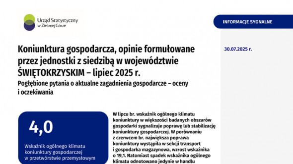 Koniunktura gospodarcza, opinie formułowane przez jednostki z siedzibą w województwie ŚWIĘTOKRZYSKIM – Lipiec 2025 r.