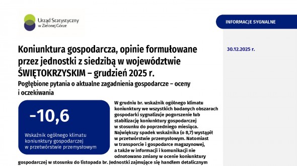 Koniunktura gospodarcza, opinie formułowane przez jednostki z siedzibą w województwie ŚWIĘTOKRZYSKIM – Grudzień 2025 r.