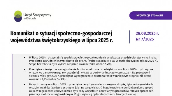 Komunikat o sytuacji społeczno-gospodarczej województwa świętokrzyskiego - lipiec 2025